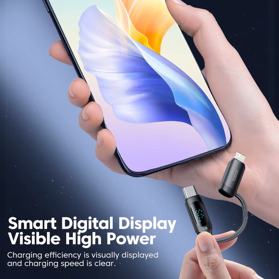 Toocki 4-in-1 Schnellladekabel mit LED-Display, USB-A auf USB-C und Lightning, PD 60W, Schwarz - Bild 6