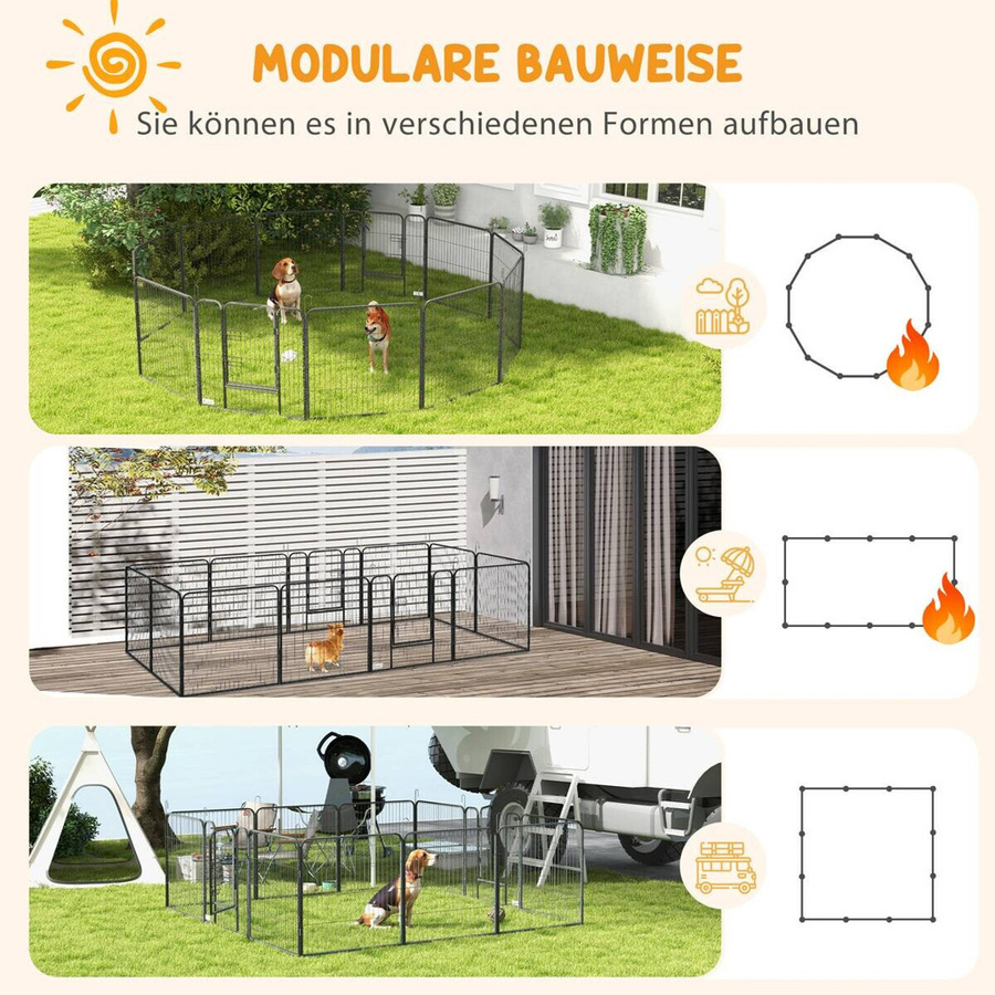 PawHut Welpenauslauf aus Stahl in Grau, 12-teiliger Hundelaufstall mit 2 Türen als DIY Freilaufgehege für Hunde, Kaninchen oder Meerschweinchen, B/H/L: 150 x 80 x 80 cm - Bild 3
