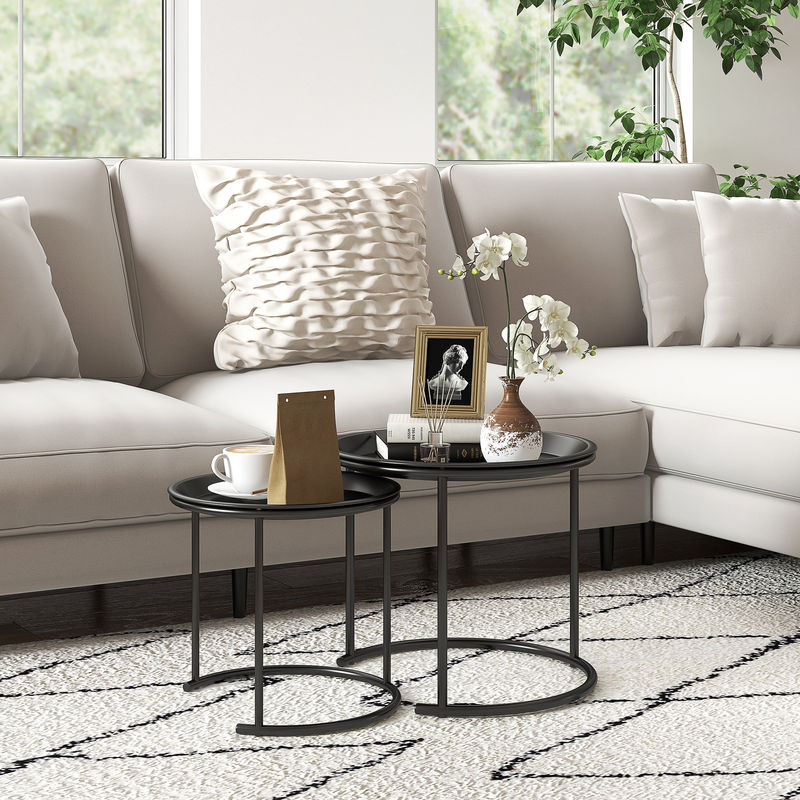 HOMCOM 2er-Set Couchtisch rund aus Metall in Schwarz, stapelbare Beistelltische für Wohnzimmer, Schlafzimmer und Flur, Durchmesser: 43 cm und 35 cm - Bild 2