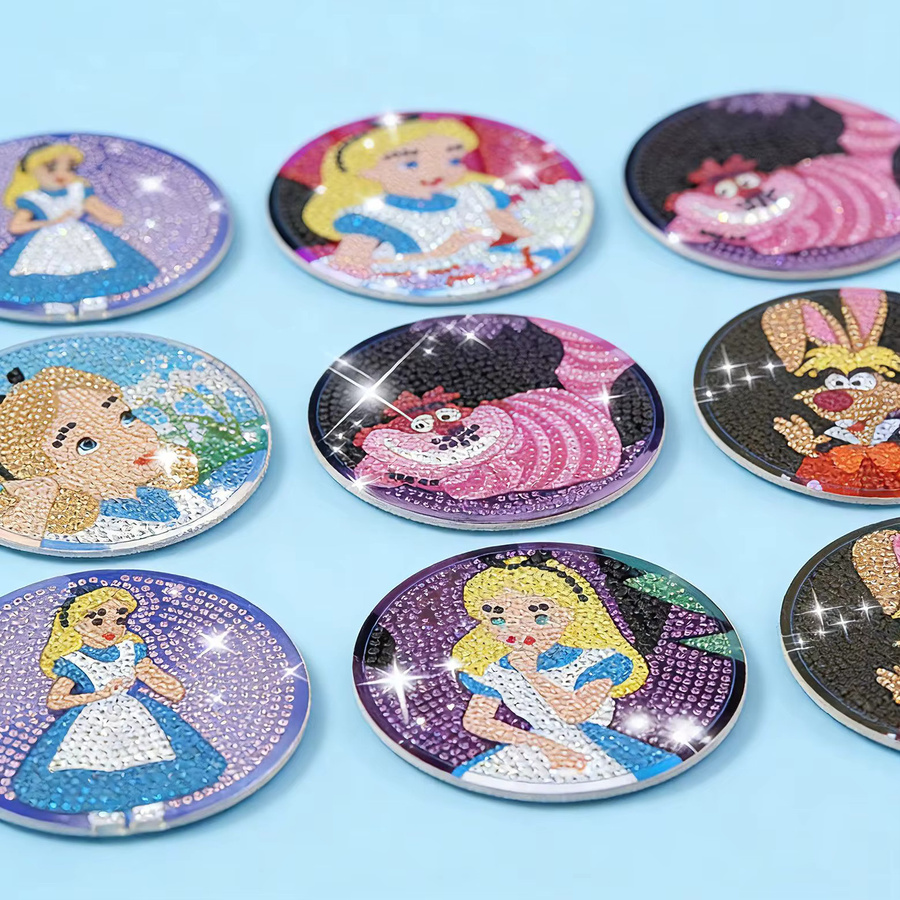 Potdemiel DIY Diamant-Malerei Untersetzer Set mit Halter, 8-teiliges Alice im Wunderland Cartoon-Prinzessinnen Set, Mehrfarbig - Bild 2