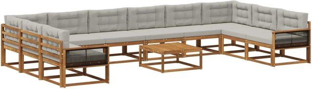vidaXL Outdoor-Sofagarnitur aus massivem Akazienholz in U-Form mit 11 Kissen, Farbe Natur und Hellgrau - Bild 1