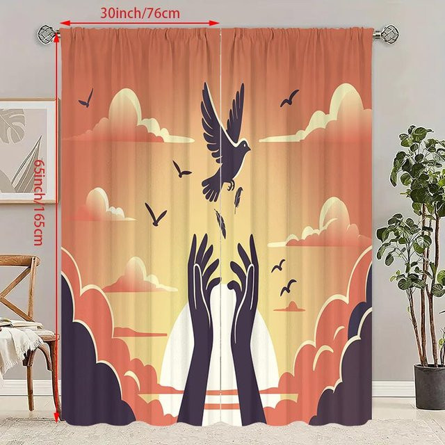 2er-Set Friedenstaube Vorhang aus Polyester in Beige mit HD-Druck für Wohnzimmer und Schlafzimmer, B: 60 cm, H: 150 cm - Bild 1