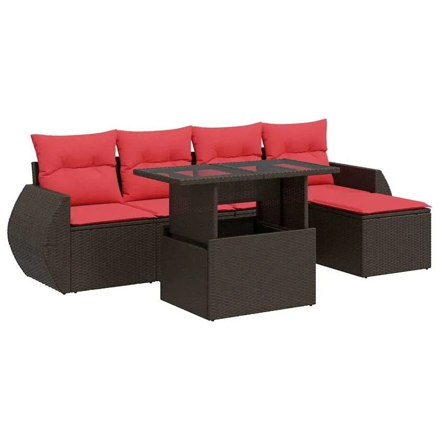 vidaXL 6-teilige Garten-Sofagarnitur in L-Form aus braunem Poly-Rattan mit Kissen und Couchtisch - Bild 1