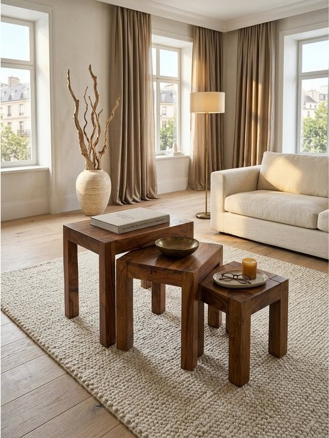 Beistelltisch 3er Set MUMBAI von KADIMA DESIGN aus Massivholz im Landhausstil, Braun, B/T/H: 35 x 45 x 50 cm - Bild 1