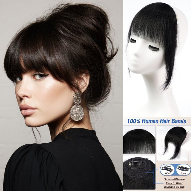 HAIRCUBE Clip-in-Air-Haarverlängerung, 100 % Echthaar, schwarzer Pony mit Koteletten und Wispy-Fransen, Unisex - Bild 1