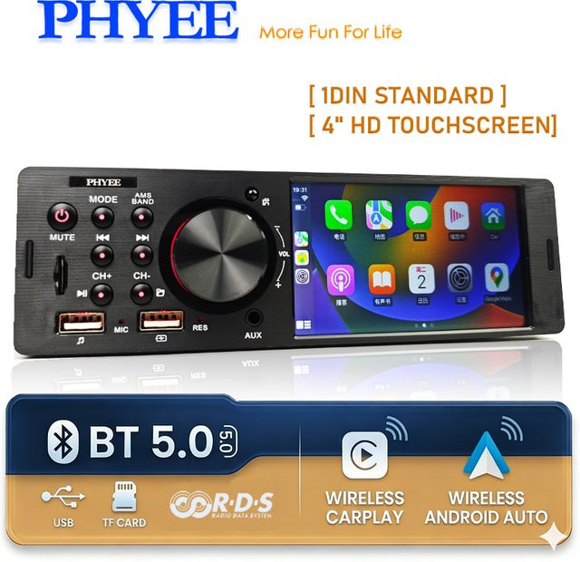 PHYEE F7805WR 1Din 4 Zoll Autoradio mit Wireless CarPlay und Android Auto, Bluetooth Freisprecheinrichtung, RDS FM/AM, USB, TF, AUX sowie Rückfahrkamera, Schwarz - Bild 1