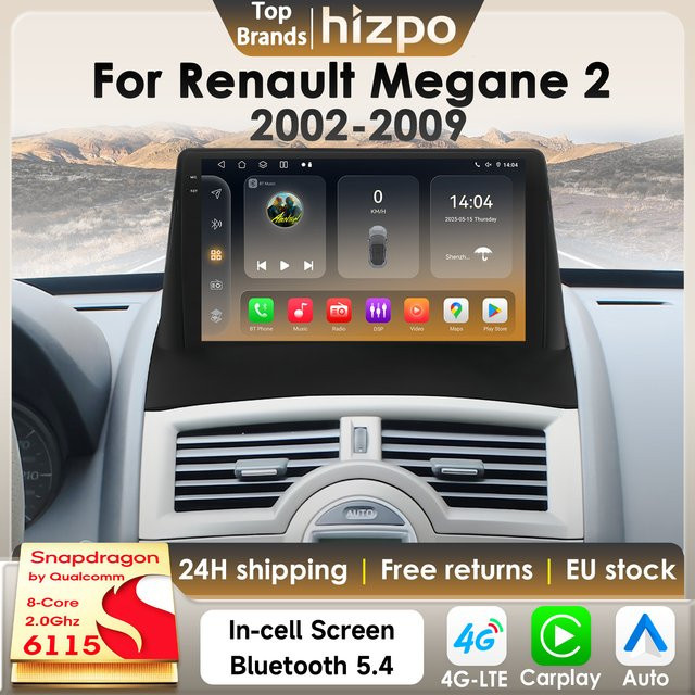 Hizpo Autoradio für Renault Megane 2 (2002-2009) mit Qualcomm Snapdragon 6115, 8GB RAM, 128GB Speicher, GPS, 4G, Carplay und 360 Grad Kamera in Schwarz - Bild 1