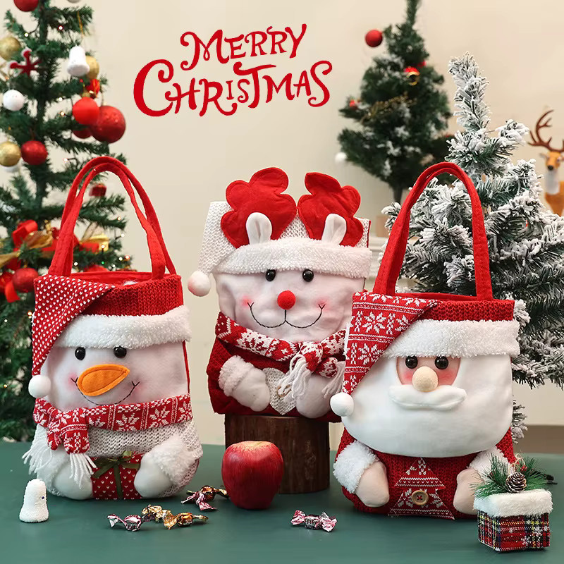 Weihnachtliche Stofftasche mit Santa Claus, Schneemann und Elch als Dekoration für Süßigkeiten und Geschenke, Mehrfarbig - Bild 3