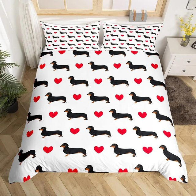 Bettwäscheset mit Cartoon-Dackel von Your Warm Home in Gold und Weiß, 3-teiliges Polyester-Bettwäsche-Set mit Bettbezug und Kissenbezügen, B/H: 228 x 228 cm, Kissenbezüge: 50 x 70 cm - Bild 1