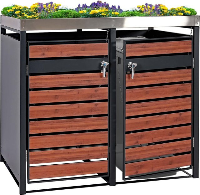 MCW Mülltonnenverkleidung J81 mit Pflanzkasten für 2 Mülltonnen, erweiterbar, Anthrazit in Kirsche-Holzoptik, B/T/H: 125 x 132 x 80 cm - Bild 1