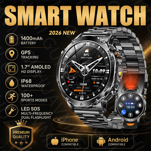 KAVSUMI Smartwatch für Herren mit AMOLED Display, GPS, Bluetooth-Anruffunktion und Taschenlampe, IP68 wasserdicht, 1400mAh Akku, Grau/Orange - Bild 1