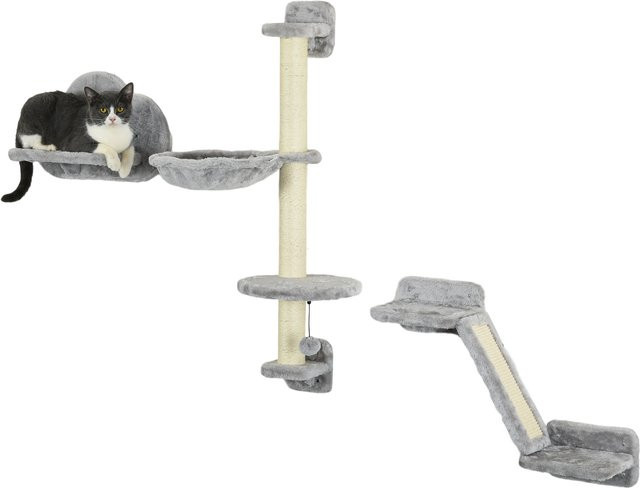 PawHut 3-teiliges Wandkletter-Set für Katzen in Grau mit Hängematte, Rampe mit Kratzfläche und wolkenförmiger Sprungplattform - Bild 1