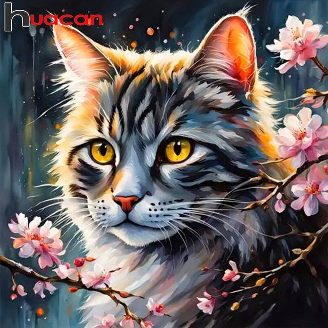 Huacan Diamantgemälde Katze mit Pflaumenblüten als Wanddekoration, Mehrfarbig, B/H: 20 x 20 cm - Bild 1