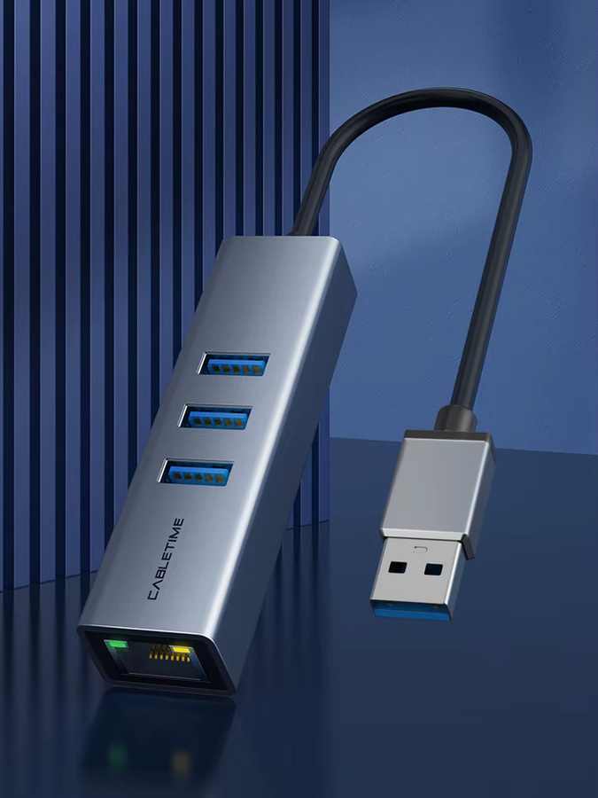 CABLETIME USB 3.0 Ethernet Gigabit LAN Netzwerkadapter mit 3 Anschlüssen, Farbe: Grau - Bild 5