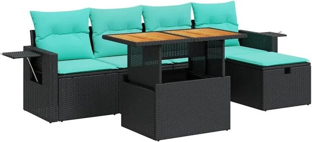 vidaXL 6-teilige Garten-Sofagarnitur in L-Form mit Kissen und Couchtisch, Schwarz, Poly-Rattan mit Metallgestell - Bild 1