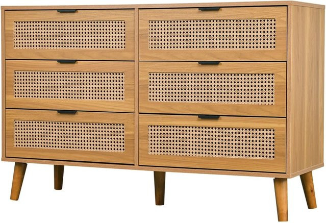 PXloue Sideboard Kommode mit 6 Schubladen in Walnuss, Retro-Design aus Holz für Wohnzimmer, Büro und Schlafzimmer, B/H/T: 120 x 76,5 x 40 cm - Bild 1