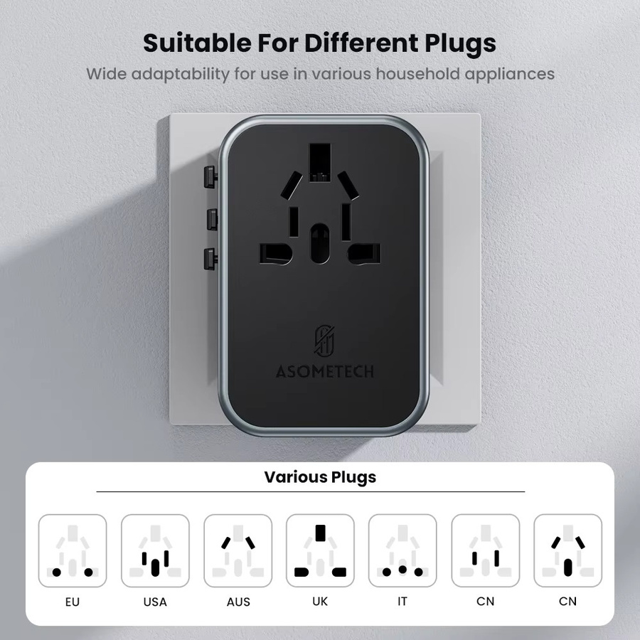 ASOMETECH 65 W GaN Internationaler Reiseadapter mit PD3.0 QC3.0 PPS und 3 USB Anschlüssen in Schwarz - Bild 2