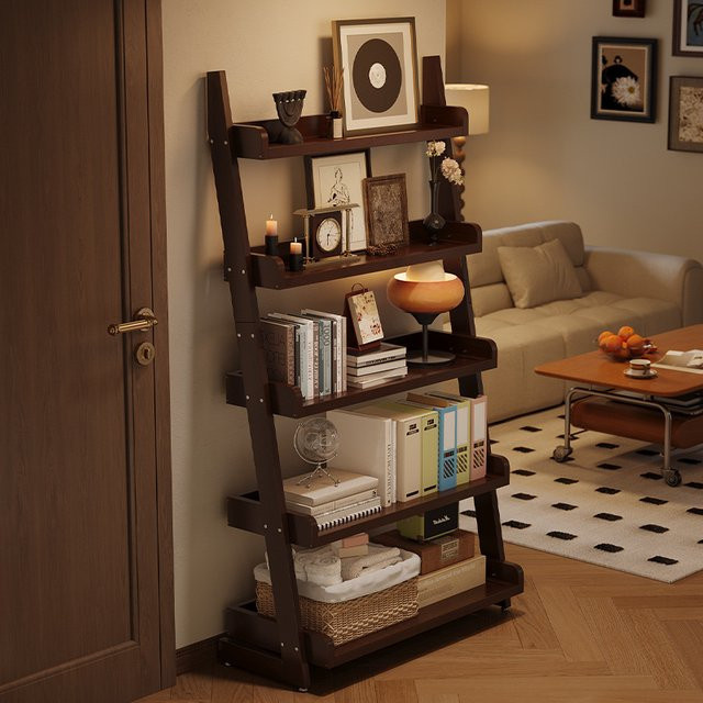 LIUSHADUOLA Bücherregal aus Massivholz in Walnuss, Trapezförmiges Standregal in Braun mit modernem Design - Bild 1