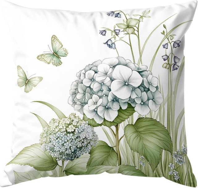Delampa Hortensien Kissenbezug mit floralem Design aus Polyester, Farbe: Weiß, B/B: 66 x 66 cm - Bild 1