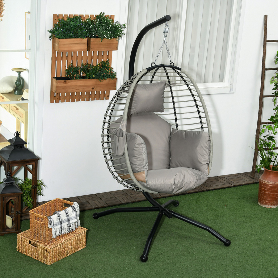 Outsunny Hängesessel mit Gestell in Grau, faltbare eiförmige Hängeschaukel mit Becherhalter und waschbarem Sitz für Garten und Terrasse - Bild 2