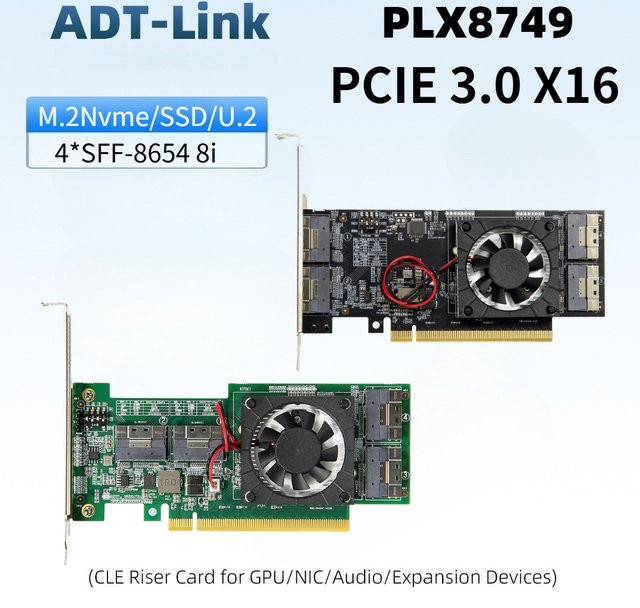 ADT-Link PLX PCIe 3.0 Erweiterungskarte mit PLX8749 Chip und 4 SFF-8654 X8 Schnittstellen für NVMe M.2 SSD und U.2 Festplatten - Bild 1