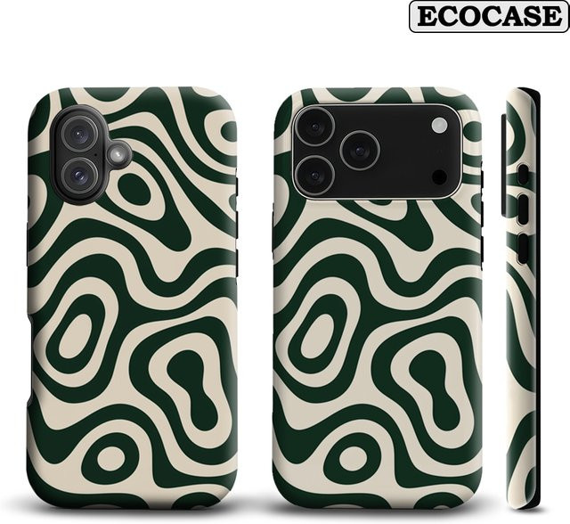 Potdemiel Handyhülle mit Wirbel-Design für iPhone 17 16 15 14 13 12 Pro Max Plus, Dunkelgrün und Beige, doppellagige Rückseite - Bild 1