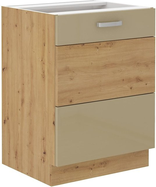 Küchenunterschrank Eiche Artisan und Cappuccino Hochglanz mit Einlegeboden Breite: 60 cm - Bild 1