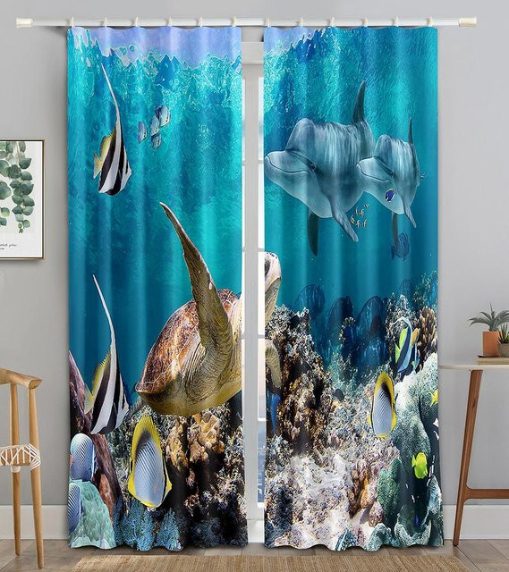 A Family Of Home Textiles Fenstervorhänge mit Meeresmotiven Delfinen und Schildkröten, blau, semi-transparent, 2er-Set, Breite: 50 cm, Höhe: 130 cm - Bild 1