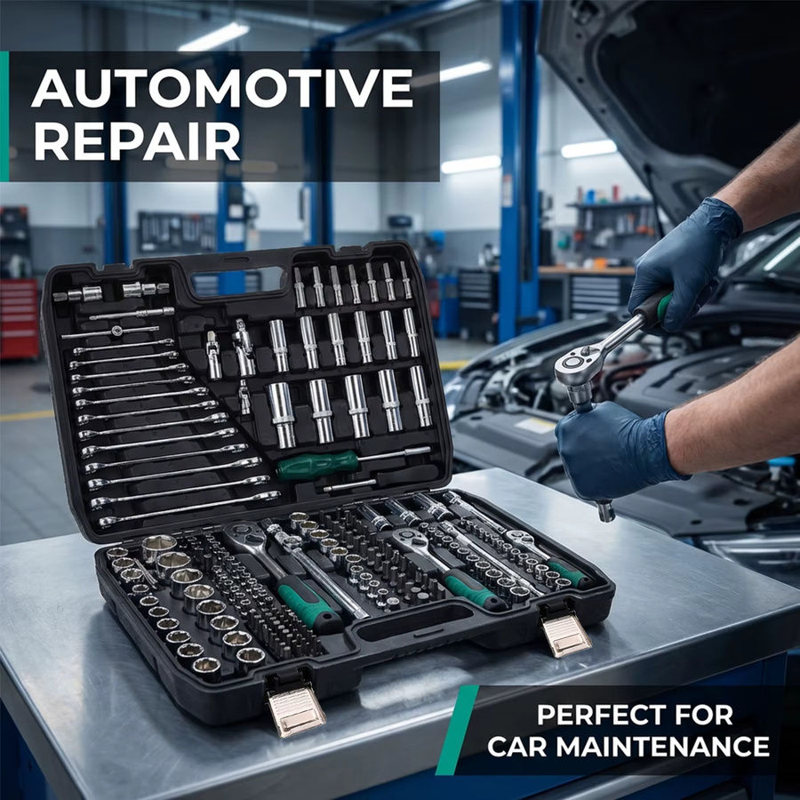 Podofo 216-teiliges Profi-Werkzeugset für Autoreparaturen mit Steckschlüsselsatz 1/4 Zoll, 3/8 Zoll und 1/2 Zoll sowie ergonomischen 24-Zahn-Ratschenschlüsseln - Bild 3