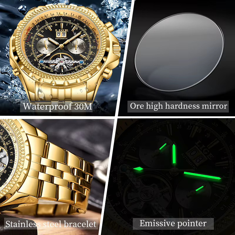 LIGE Armbanduhr, Automatik, Edelstahl, Gold, Herren - Bild 3