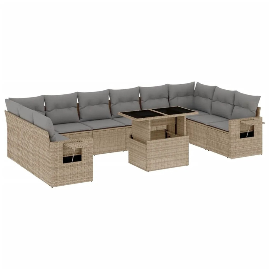 vidaXL 11-tlg Garten-Sofagarnitur in L-Form aus beige farbenem Poly-Rattan mit Kissen und pulverbeschichtetem Stahlgestell - Bild 2