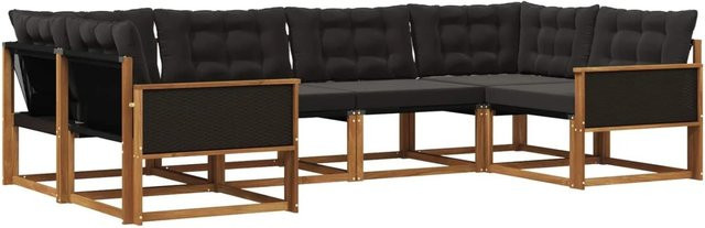 vidaXL Outdoor-Sofagarnitur L-Form aus massivem Akazienholz mit 6 Kissen in Natur und Schwarz - Bild 1