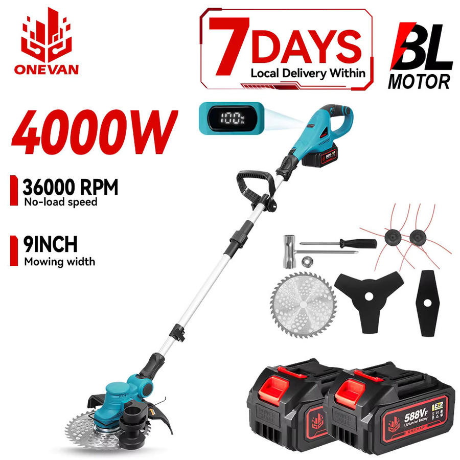 ONEVAN Bürstenloser elektrischer Rasenmäher 4000W 9-Zoll kabelloser Grasschneider Gartentrimmer in Blau für Makita 18V Akku - Bild 1