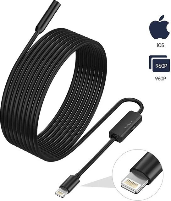 XinFe High-Definition Endoskop Boreskop Kamera mit 960P Auflösung und Hakenmagnet für iPhone, iPad und Android in Schwarz, Durchmesser: 5,5 mm oder 8 mm - Bild 1