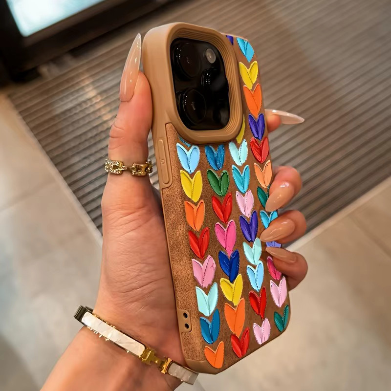 Bunte iPhone Handyhülle mit Ölgemälde-Herzmuster und Lederstruktur, TPU-Schutz für iPhone 17, 16, 14, 13, 12, 11 und Air Pro Max Serie, Multicolor - Bild 2