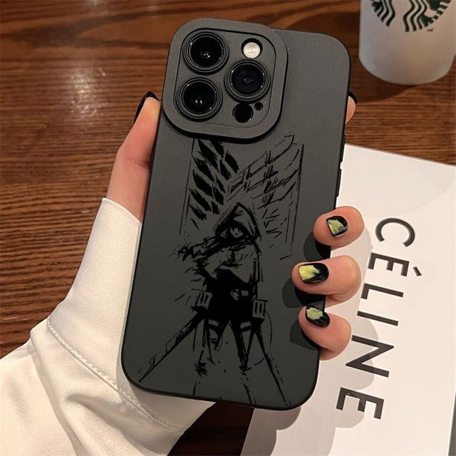 TOPTOY Attack On Titan Silikon Handyhülle für iPhone 16 15 14 13 12 11 Pro Max Mini X XR Xs SE 8 Plus in Schwarz - Bild 1