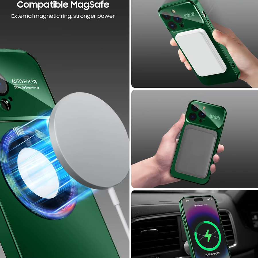 Stoßfeste Glas-Kamera-Magnet-Hülle für Apple iPhone kompatibel mit MagSafe in Grau und Grün - Bild 3