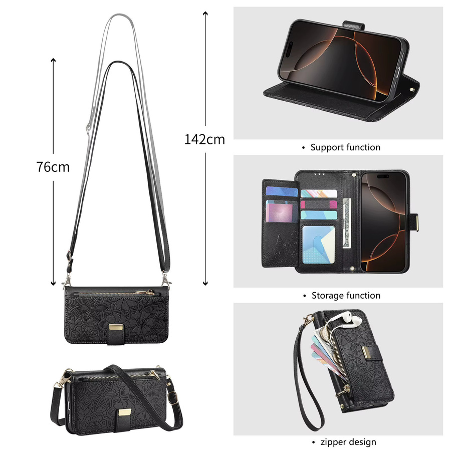 Handtaschen-Handyhülle mit Blumenmuster aus PU-Leder für Google Pixel 10 Pro XL, 10A, 9A und 9 mit Reißverschluss, Kartenfach und Handgelenkband in Schwarz oder Grau - Bild 2