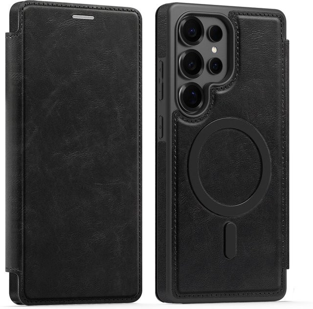Samsung Flip-Portemonnaie Lederhülle in Schwarz für Galaxy S25 Edge, S24 FE, S23 Plus, S22 Ultra und S22 5G mit Kartenfach und MagSafe Unterstützung - Bild 1