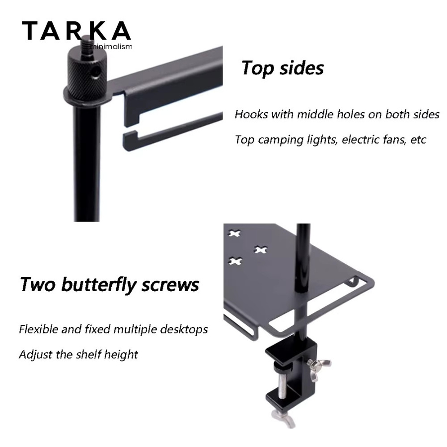 TARKA Camping Regal Laternenständer aus Metall in Schwarz Matt als multifunktionales Hängeregal für Geschirr, Werkzeuge und IGT Tischplatte - Bild 5