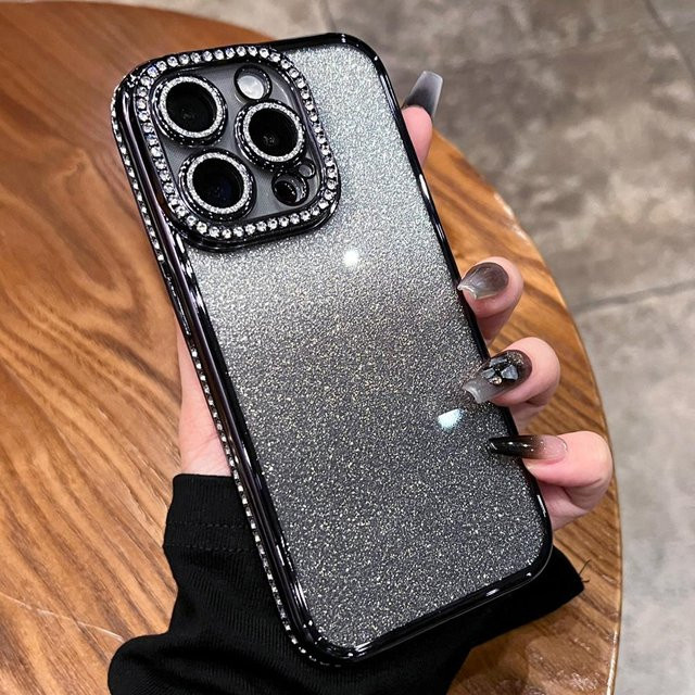 Yiran Bag Glitzer Handyhülle mit Diamant-Strass-Beschichtung für iPhone 11 bis 16 Pro Max Plus aus transparentem Silikon in Schwarz - Bild 1