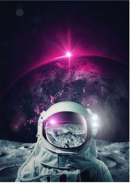 Moderne Leinwandmalerei PanitingArt Astronaut trinkt Bier auf dem Mond, Farbe: Rosa/Mehrfarbig, Breite: 50 cm, Höhe: 70 cm - Bild 1