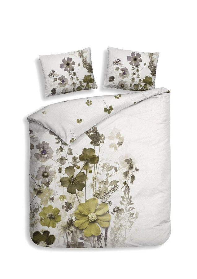 Heckett & Lane Mako-Satin Bettwäsche Liepa White Blüten und grüne Blätter, Wende-Set mit Bettbezug und Kissenbezug, Farbe: Weiß und Grün, B/H: 135 x 200 cm, Kissenbezug: 80 x 80 cm - Bild 1