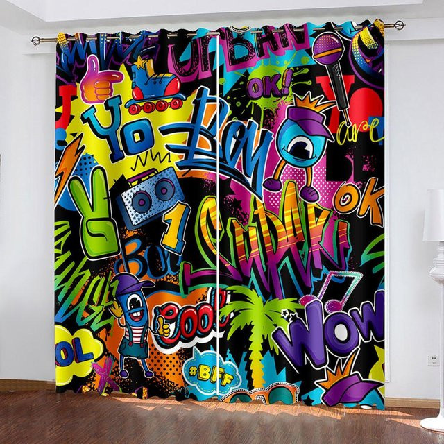 Abstrakter Graffiti Vorhang mit 3D-Digitaldruck für Wohnzimmer und Schlafzimmer, Mehrfarbig, B: 208 cm, H: 208 cm - Bild 1