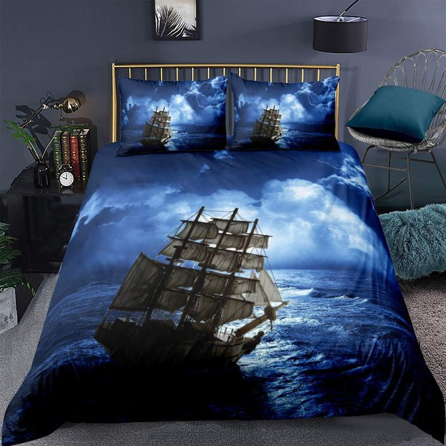 Binchi Fitness Bettwäsche-Set Piraten-Design mit Segelboot und Wellenmuster, Blau, 3-teilig, B/H: 140 x 200 cm - Bild 1