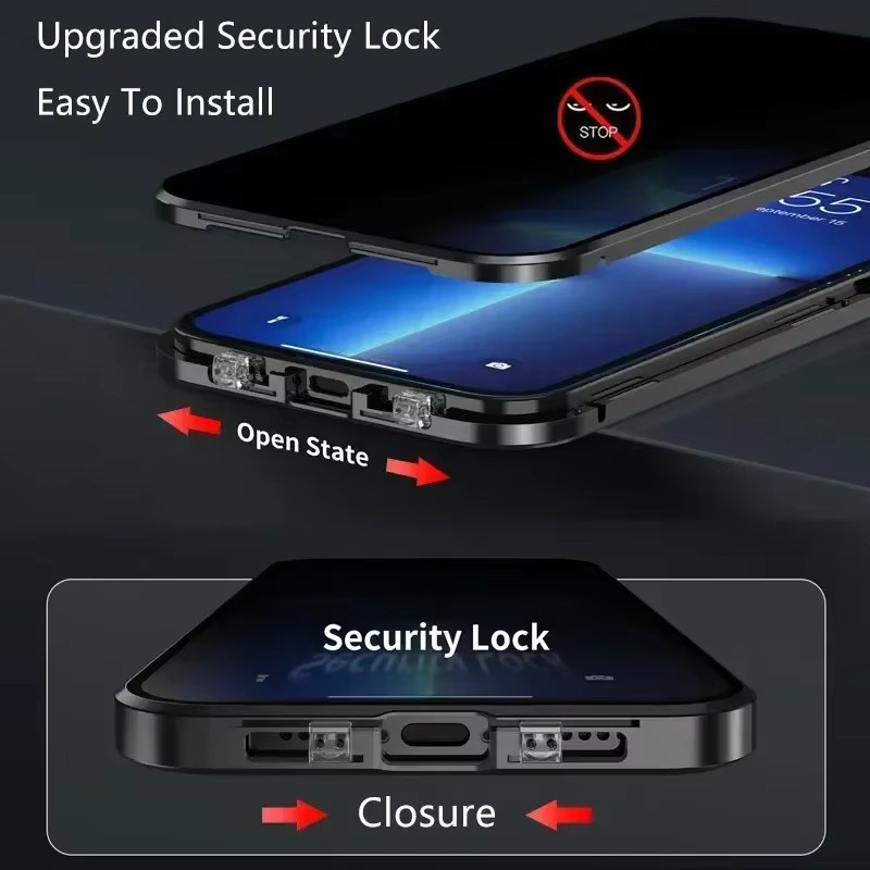 Magnetische MagSafe Datenschutz-Hülle für Apple iPhone 17 16 15 14 13 12 Pro Max Plus mit Linsenschutz und doppelseitigem Glas in Schwarz - Bild 4