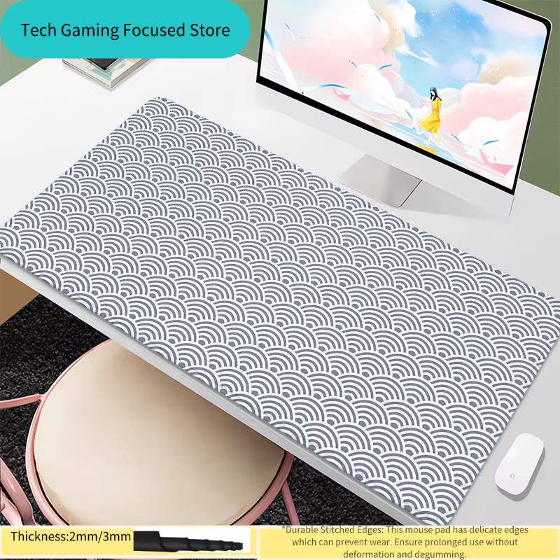 Monochrome Seigaiha Wave XXL Gaming-Mausunterlage mit genähten Kanten in Multicolour - Bild 2