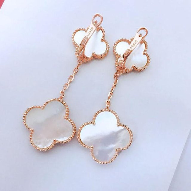 Huishan Ohrringe, Doppelter Blumen Ohrklappen, Kleeblatt, Achat, Perlmutt, 925 Sterling Silber, rose gold, Damen - Bild 1