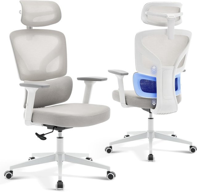 Garvee Ergonomischer Bürostuhl und Gaming-Stuhl aus Netzstoff mit Kopfstütze, 3D-Armlehnen und verstellbarer Lendenwirbelstütze, 360 Grad drehbar, Grau/Weiß - Bild 1