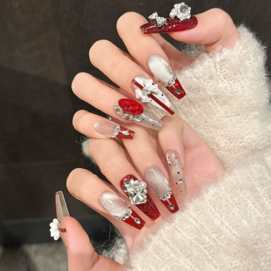 YADORNOS Kunstnägel, Rot, Glänzend, 3D-Schleife, Kristall-Design, Unisex - Bild 2